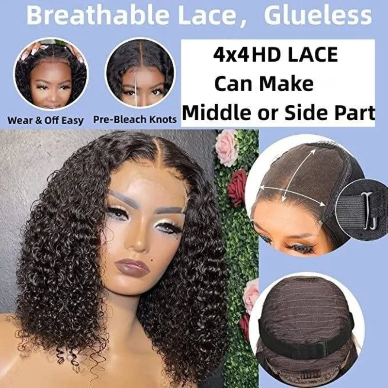 Wear and Go Glueless Wig Kinky Curly HD Lace Closure Wigs Short Curly Bob Lace Front Wigs Human Hair for Beginners Bob Wigs 180% Afro Barbie