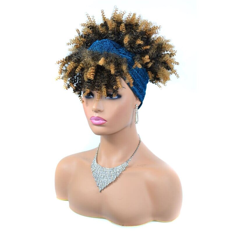 Short Kinky Curly Wig with Headband Afro Wig Afro Barbie Blond Highlights + Blue