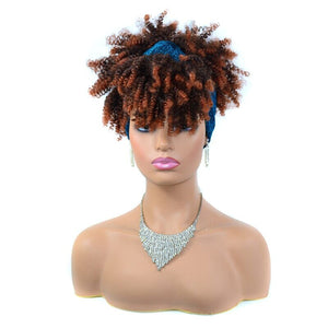Short Kinky Curly Wig with Headband Afro Wig Afro Barbie Brown Highlights + Blue