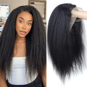 Kinky Straight Lace Front Wigs Human Hair 13x4 Yaki Straight Human Hair Lace Front Wigs Pre Plucked HD Transparent Wigs 12"-30" Afro Barbie