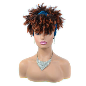 Short Kinky Curly Wig with Headband Afro Wig Afro Barbie Brown Highlights + Blue 