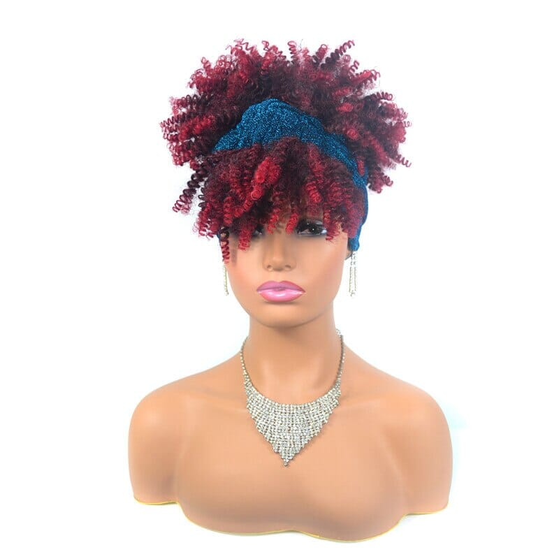 Short Kinky Curly Wig with Headband Afro Wig Afro Barbie Red Highlights + Blue 
